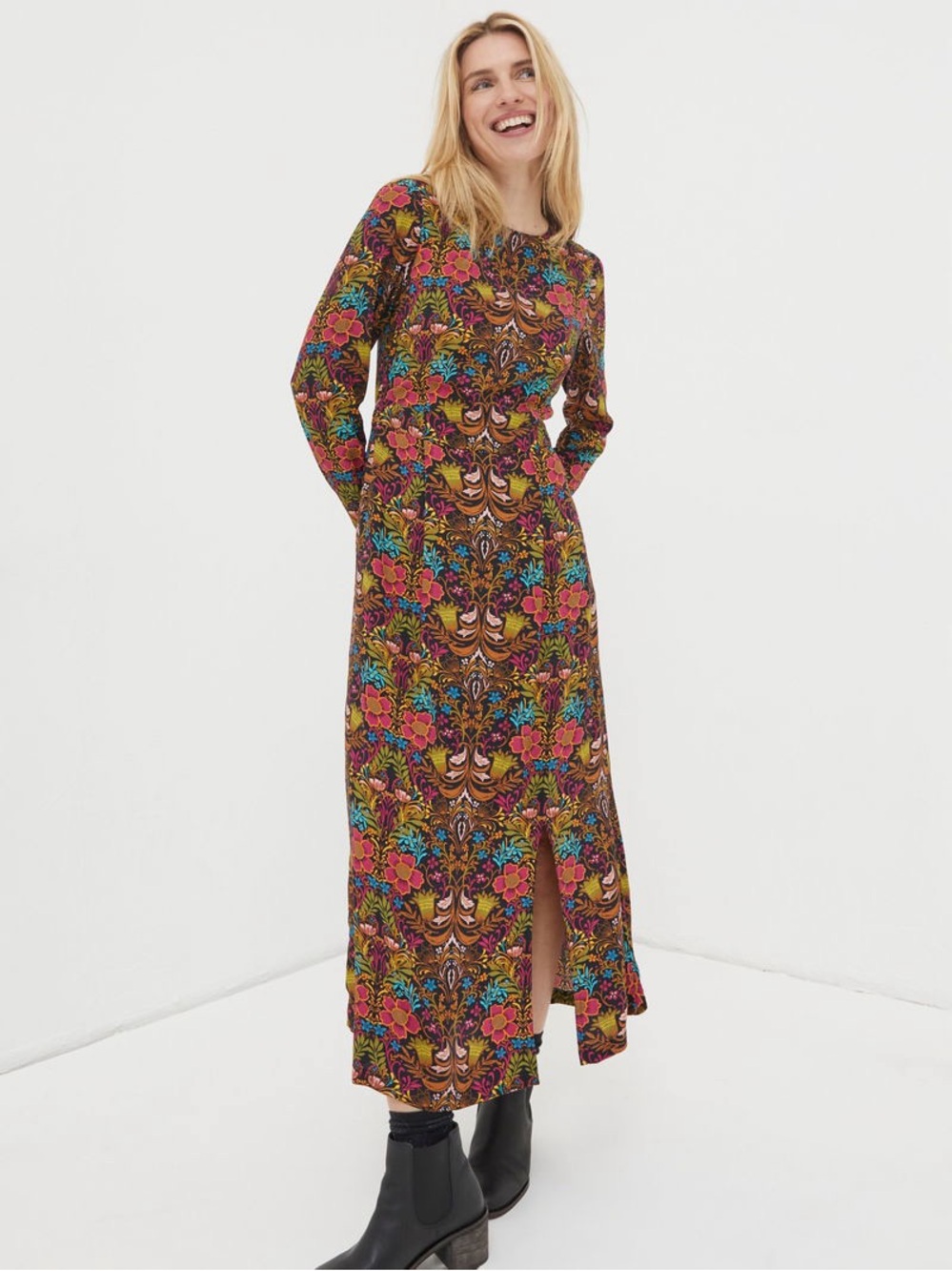 FatFace Haldon Art MIDI dress - Floral Midi Dress Pink & Teal Accents - Sz M